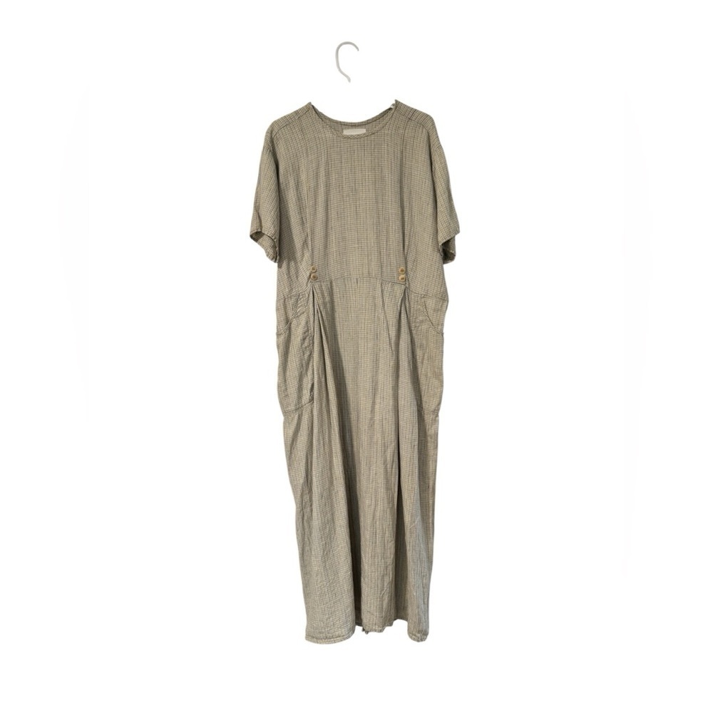 Vintage FLAX Jeanne Engelhart Gingham Linen Short Sleeve Dress Pockets L